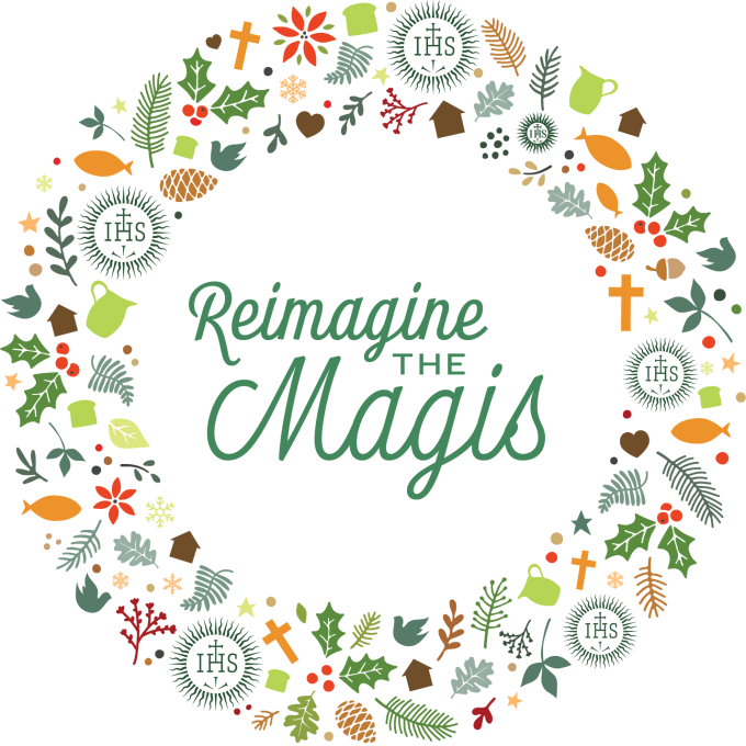 wreath shape with festive elements like holly, stars, pine cones, and core values icons. Insde wreath says Reimagine the Magis