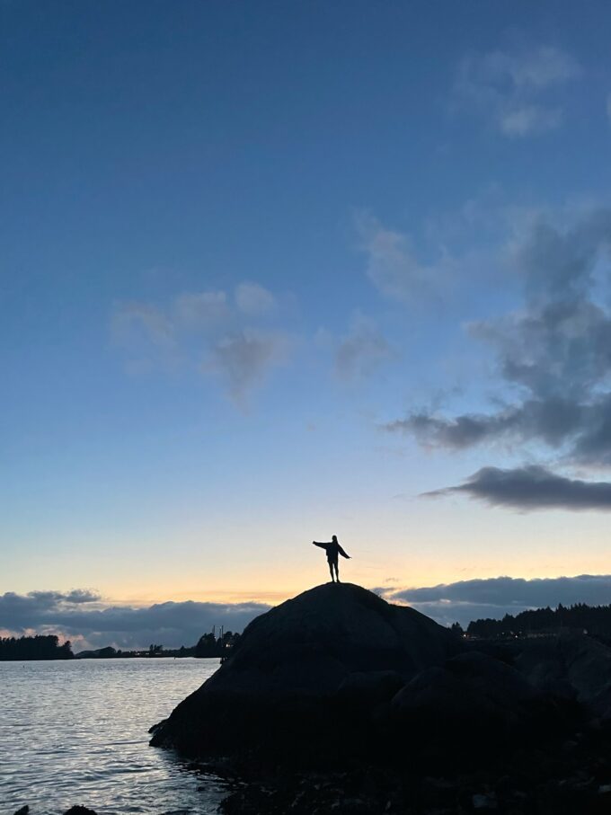 silhouette of a person at twilight, they are standing on top of a small hill by the ocean