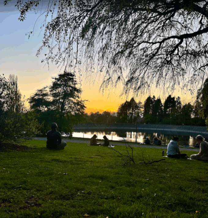 Orange glow at the horizon of a darkening sky with branches over the lake. People are sitting around the lake in small groups or alone.